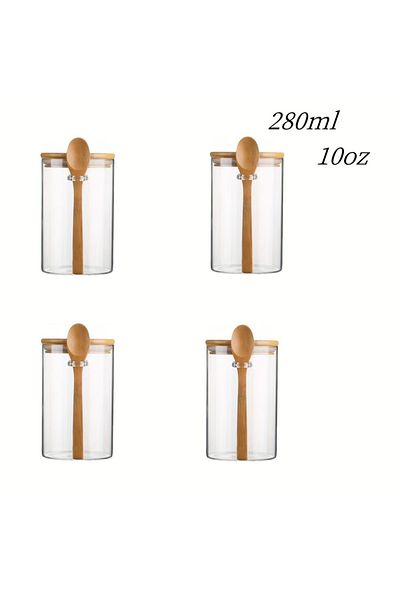 Choice 4 Pcs 280ml Candy Jar, Biscuit Jar, Glass Storage Jar With Sealed Bamboo Lid And Spoon - 10oz Transp