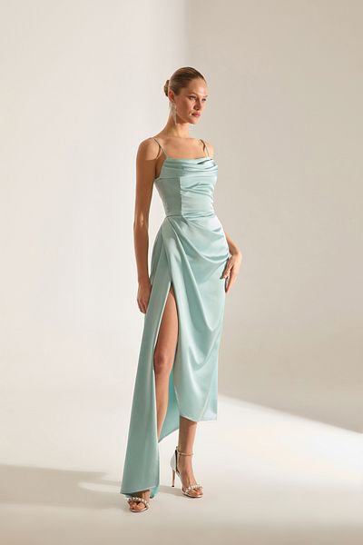 BETTY & SAM Violet Turquoise Satin Draped Sling Dress