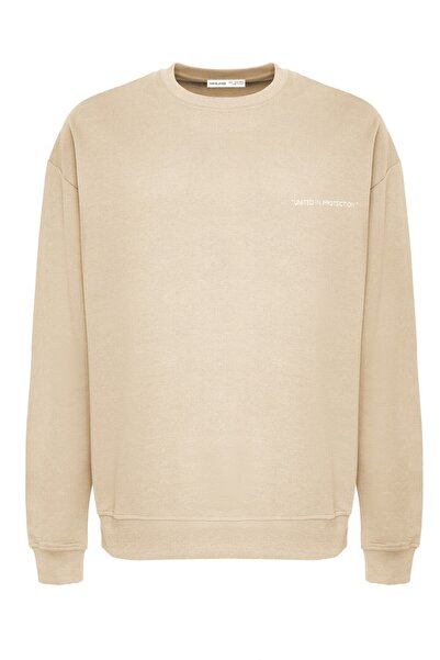 GRIMELANGE Raırok Erkek İçi Polarlı Comfort Oversize Nakışlı Bej Sweat