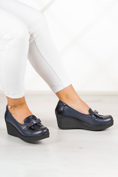 Erkan Saçmacı Emma Navy Blue Γνήσιο Δέρμα - Wedge Heel Casual Παπούτσια