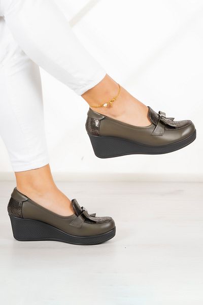 Erkan Saçmacı Παπούτσια Casual από γνήσιο δέρμα Khaki Emma Wedge Heeled