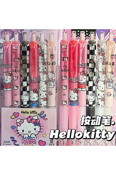 Choice Hello Kitty 6pcs Cartoon Sanrio Gel Pen Hello Kitty Kuromi St Quick Drying Black 0.5mm Press The Bal