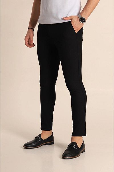 CLASSİCS MEN Men's Black Color Straight Cut Quality Stretchy Lycra Ankle Length Fabric Pants-7104