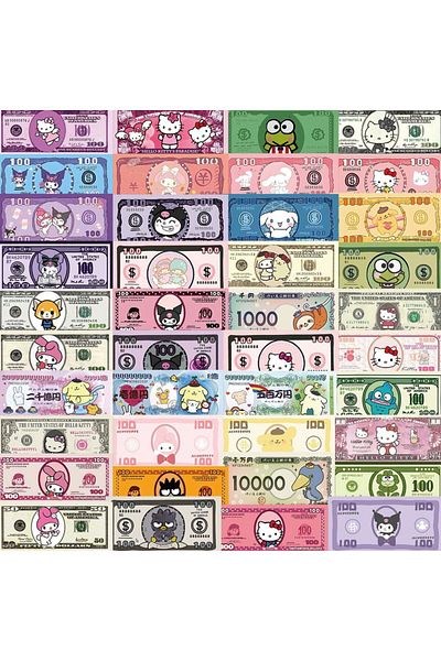 Choice 50pcs 50pcs Cartoon Sanrio Paper Money Stickers For Car Phone Scrapbook Laptop Decorative Hello Kitt