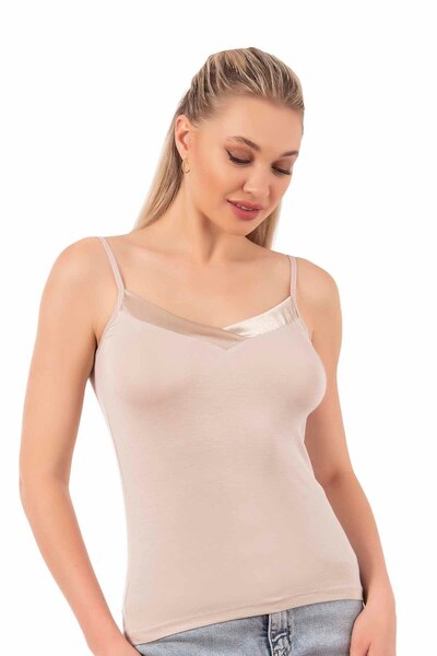 ÖZKAN underwear Özkan 2040 Kadın Premium Kumaş Viskon Saten Yakalı Esnek Rahat Ince Askılı Atlet