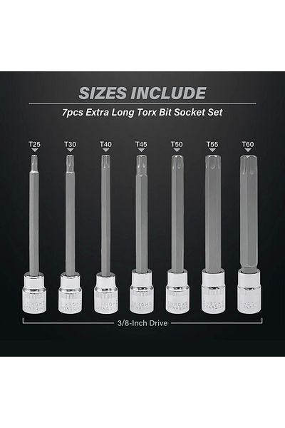 Choice Extra Long Torx Star Bit Socket Set 7 Piece T25-T60 CR-V and S2 Material 3/8" Drive 110mm Length