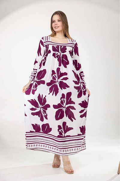 mervemoda Γυναικείο μακρυμάνικο φόρεμα μεγάλου μεγέθους καλοκαιρινό υφαντό