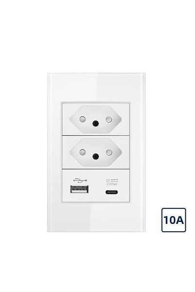 Choice 10a White 10a/20a Brazil Socket With Usb Type-c 5v 2100ma, 118*72mm Tempered Glass Panel