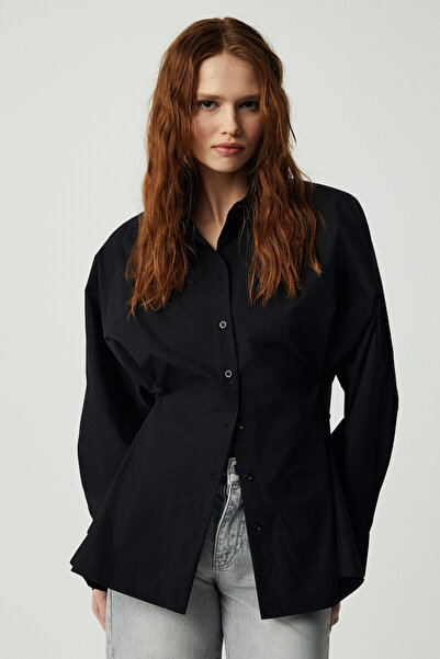 ETHIQUET Modest Erına Women's Relaxed Buttoned Waist Adjustment Long Sleeve Black Shirt