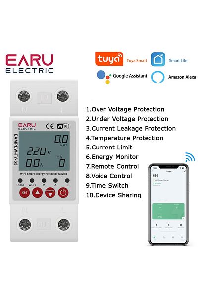 EARUELETRIC 2p 63a Tuya Wifi Smart Earth Leakage Over Under Voltage Protector Relay Device Switch Breaker Ene...