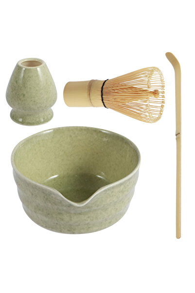 Choice مجموعة ماتشا يابانية مكونة من 4 قطع باللون الأخضر مع وعاء سيراميكي وخفاقة ماتشا من الخيزران ومغرفة شاي لشاي لو