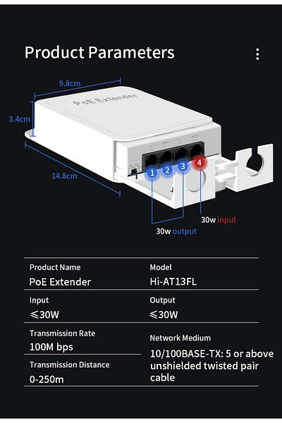 Choice محول شبكة Hi-at13fl Hisource 4 منافذ IP55 مقاوم للماء ومكرر Poe 100/1000 ميجابت في الثانية من 1 إلى 3 محول شبكة Poe ممتد