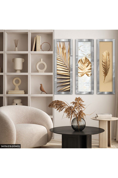 Evinemoda Gold Yapraklar Pleksi Aynalı 3 Parça Tablo
