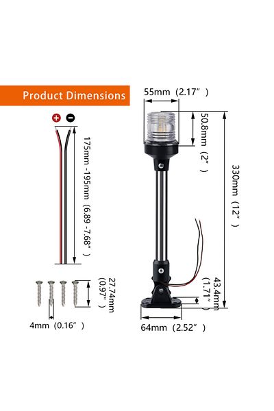 Choice 12 Inch Led Fold Down Anchor Light, Sailing Signal Lamp For Marine, Boat Yacht Accessories, 12-24v