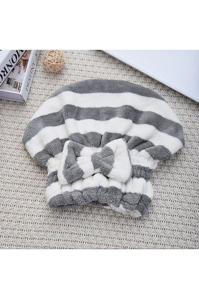 DUTRIEUX Gray 1pcs Dry Hair Towel Quick-drying Hair Cap Shower Cap For Women Striped Pattern Super Absorbent