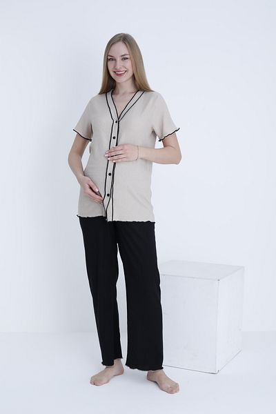 Miss Dünya Lissa Front Button V Neck Stripe Detailed Adjustable Waist Elastic Woven Pajamas Set