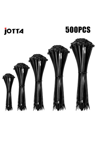 JOTTA 500 قطعة من رباطات الكابلات المصنوعة من النايلون ذاتية القفل، مجموعة من رباطات الكابلات البلاستيكية السوداء ذات الربط الثابت