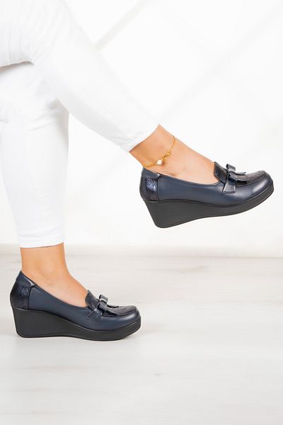 Erkan Saçmacı Emma Navy Blue Γνήσιο Δέρμα - Wedge Heel Casual Παπούτσια