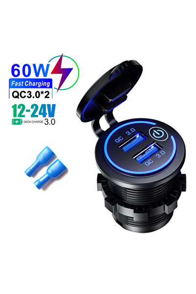 Choice مقبس شاحن سيارة أزرق 12/24 فولت مزدوج QC 3.0 مقاوم للماء للسيارة والدر...