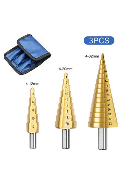 luodabie Hexagonal 3pcs4-12 4-20 4-32 Straight Groove Step Drill Bit Hss Titanium Coated Wood Metal Hole Cutt