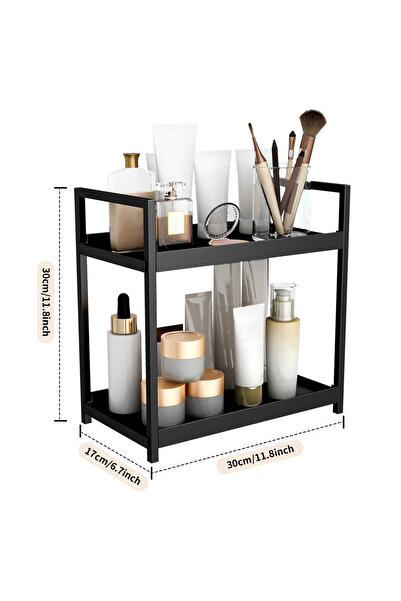 Choice رف تخزين سطح المكتب باللون الأسود، مكون من طبقتين، رف مستحضرات التجميل، رف تخزين القرطاسية المكتبية، طاولة الزينة في الحمام