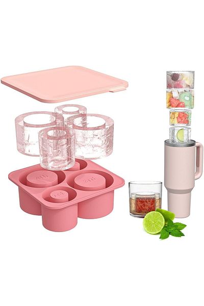 Choice Pink Ice Cube Tray Mold For Tumbler Stanley Cup Silicone Cylinder Ice Cube Maker Mold With Lid For 2