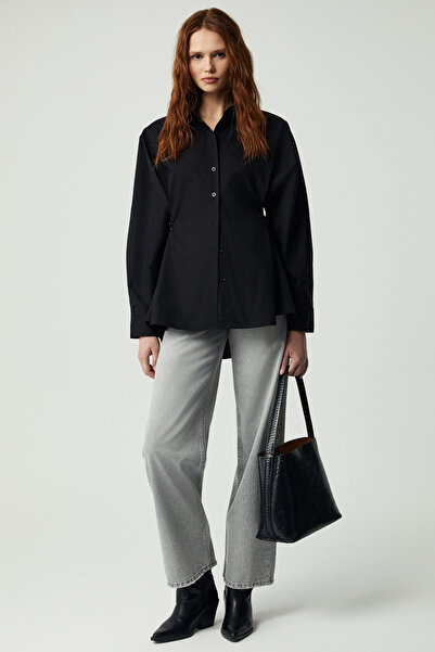 ETHIQUET Modest Erına Women's Relaxed Buttoned Waist Adjustment Long Sleeve Black Shirt