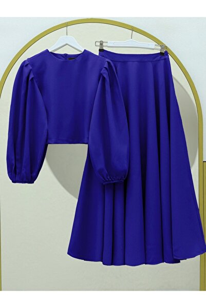 Modamorfo Saks színes ballon ujjú krepp blúz és szoknya szett