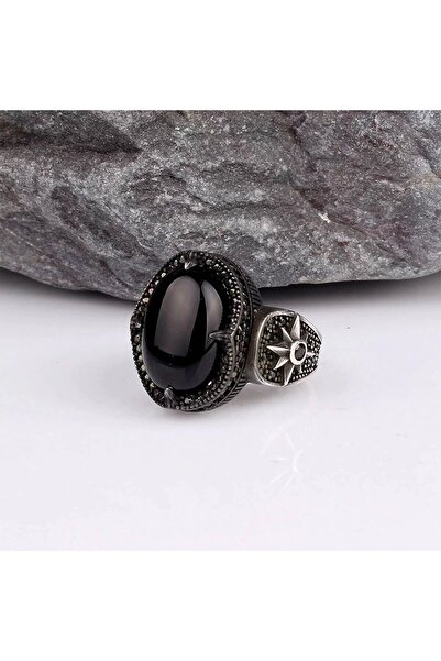 OSMANLI GÜMÜŞ Erkek Gümüş Yüzük -  925 Ayar Oniks Taşlı Yıldız Model Gümüş Er...