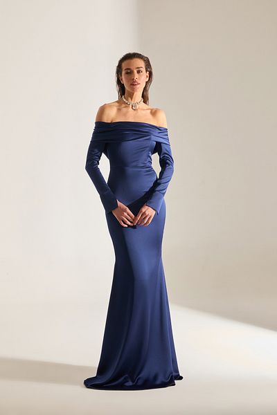 BETTY & SAM Clara Off-Shoulder Dark Blue Fish Skirt Dress