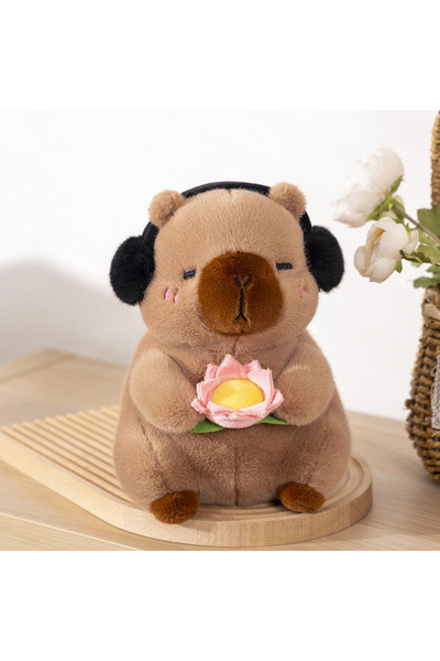 Choice لعبة كابيبارا قطيفة لطيفة بنية داكنة مقاس 25 سم حيوانات محشوة كابيبارا تحمل زهرة اللوتس وقرد أبيض الوجه