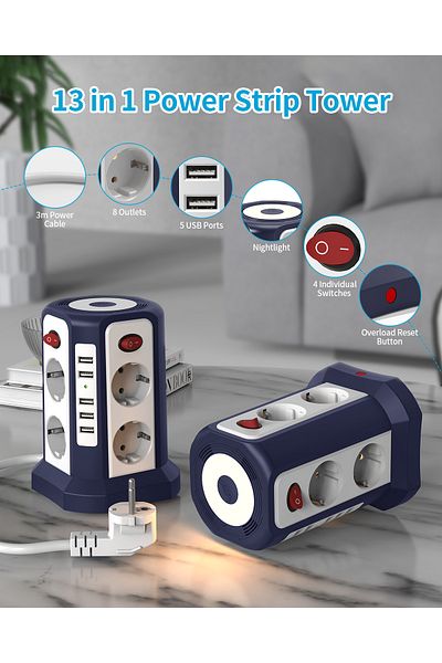 Choice برج مقبس ذكي 110-250 فولت EU 8 أزرق يورو 8 مواضع مع 5 منافذ USB وتوسعة متعددة الوظائف و