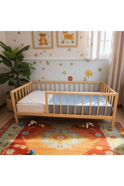 pinoxi 120cm X 200cm Masif Ahşap Yuvarlak Çıtalı Ayaklı Natural Çoçuk Karyola 120cm X 200cm Ayaklı