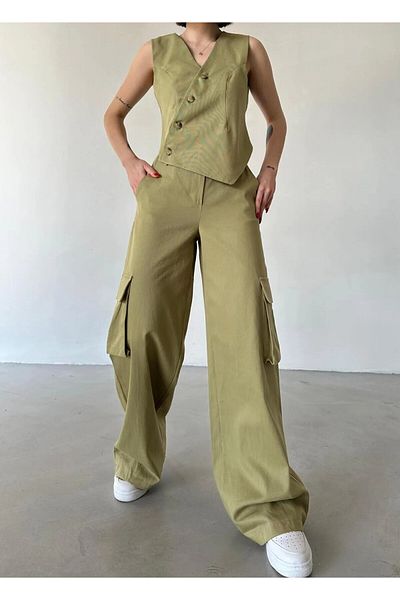 buqre's moda Asymmetrical Buttoned Vest Pocket Detailed Trousers Set