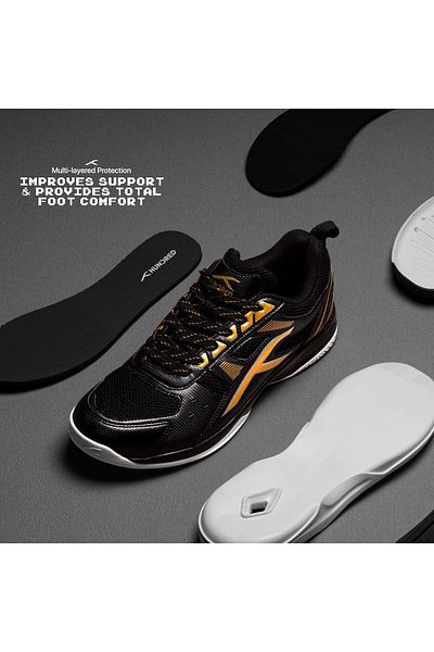 Hundred Raze Non-marking Badminton Shoes For Men |black/gold, Uk 10/us 11/eu 44| Polyester, Rubber