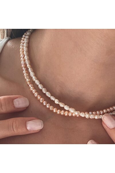 By Saadet Özkanlı Kadın Küçük Inci, Pembe Inci , Beyaz Arpa Inci Ikili Kolye, Tatlısu Incisi Mücevher Takı Inci Choker