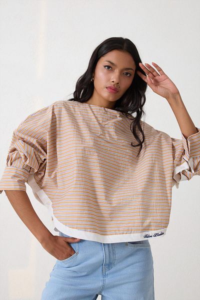 Setre Comfortable Cut Blouse with Camel Stripe and Stripe Detail