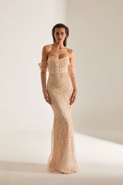 BETTY & SAM Lineta Beading Embroidered Strapless Fish Gold Evening Gown