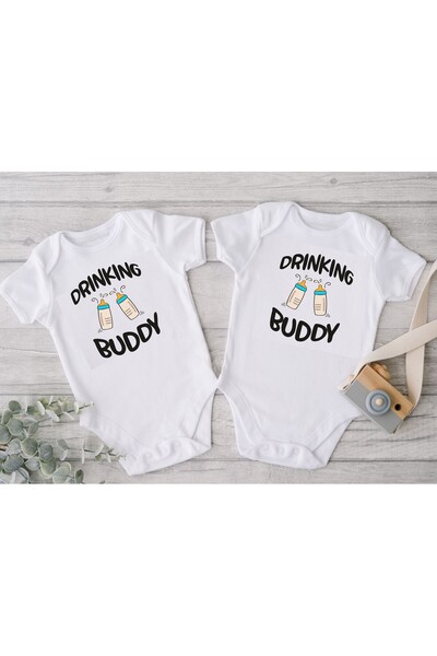 venüsdijital Twin Baby Drinking Buddy Design Baby Bodysuit (Piece of 2)