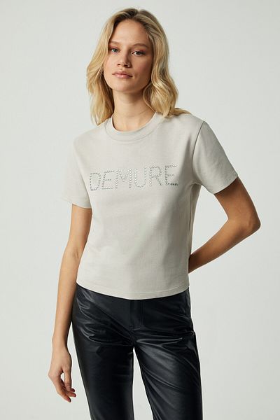 GRIMELANGE Demura Women's Regular Rhinestone Round Neck Light Grey T-Shirt