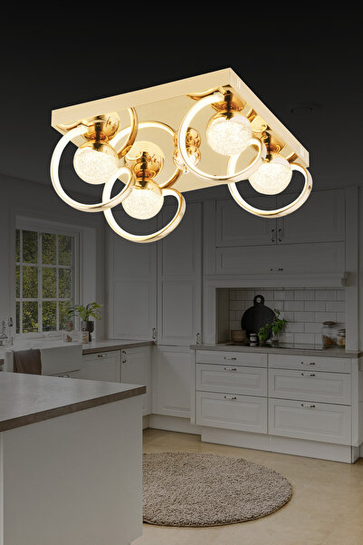bordolux Pl 019 4 Kare Model Gold 3 Renkli Salon Ve Oturma Odası Için Ideal Alüminyum Avize, 45x15