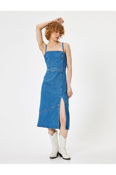 Koton Strappy Midi Τζιν Φόρεμα - Τετράγωνος γιακάς σε γραμμή Α με σκίσιμο και φερμουάρ
