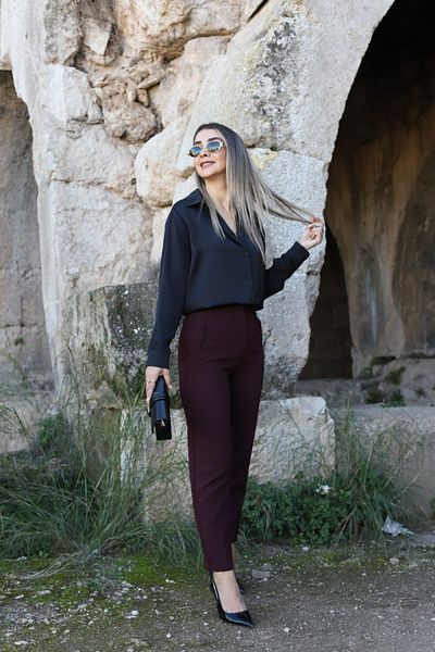 bytugcekaya Burgundy Front Flat Fabric Trousers