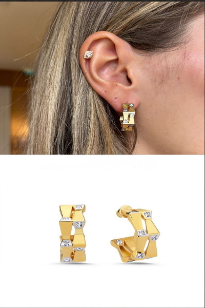 DEMOKAN Women's Earrings Special Series Two Geometric Hoop Zircon Stone Detail Earrings