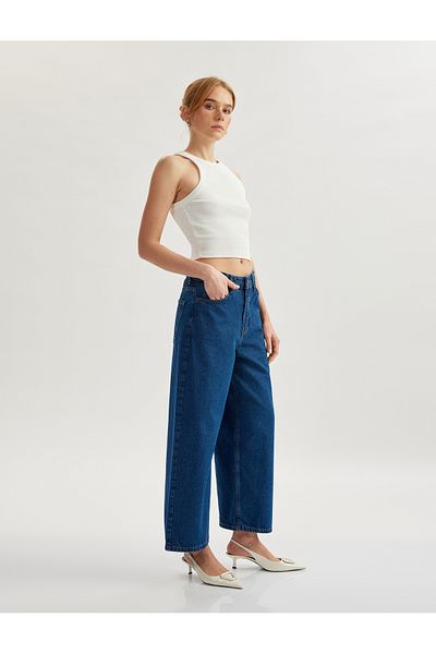 Koton Pantaloni scurti din denim cu talie înaltă, cu buzunare cu nasturi - Blugi crop cu picioare largi