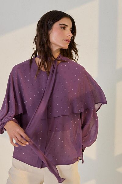 Setre Purple Long Sleeve Relaxed Fit Blouse with Tie Neck Cape and Stone Detail