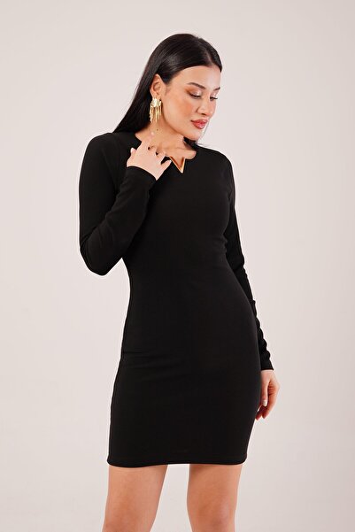 Hipo Trend Önü V Tokalı Ottoman Siyah Elbise