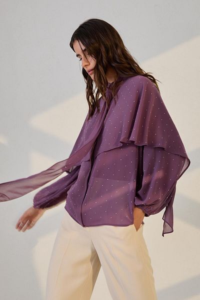 Setre Purple Long Sleeve Relaxed Fit Blouse with Tie Neck Cape and Stone Detail