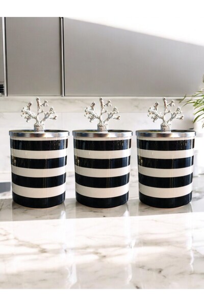 ferayhome Baharatlık 3 Lü Set Kahve Köşesi Yatay Çizgi Siyah Gümüş Mercan - F...