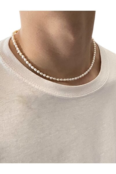 By Saadet Özkanlı Erkek Için 3 Mm Arpa Inci Kolye 45 Cm Gerçek Istiridye Incisi Inci Erkek Kolyesi 925 Ayar Gümüş ,